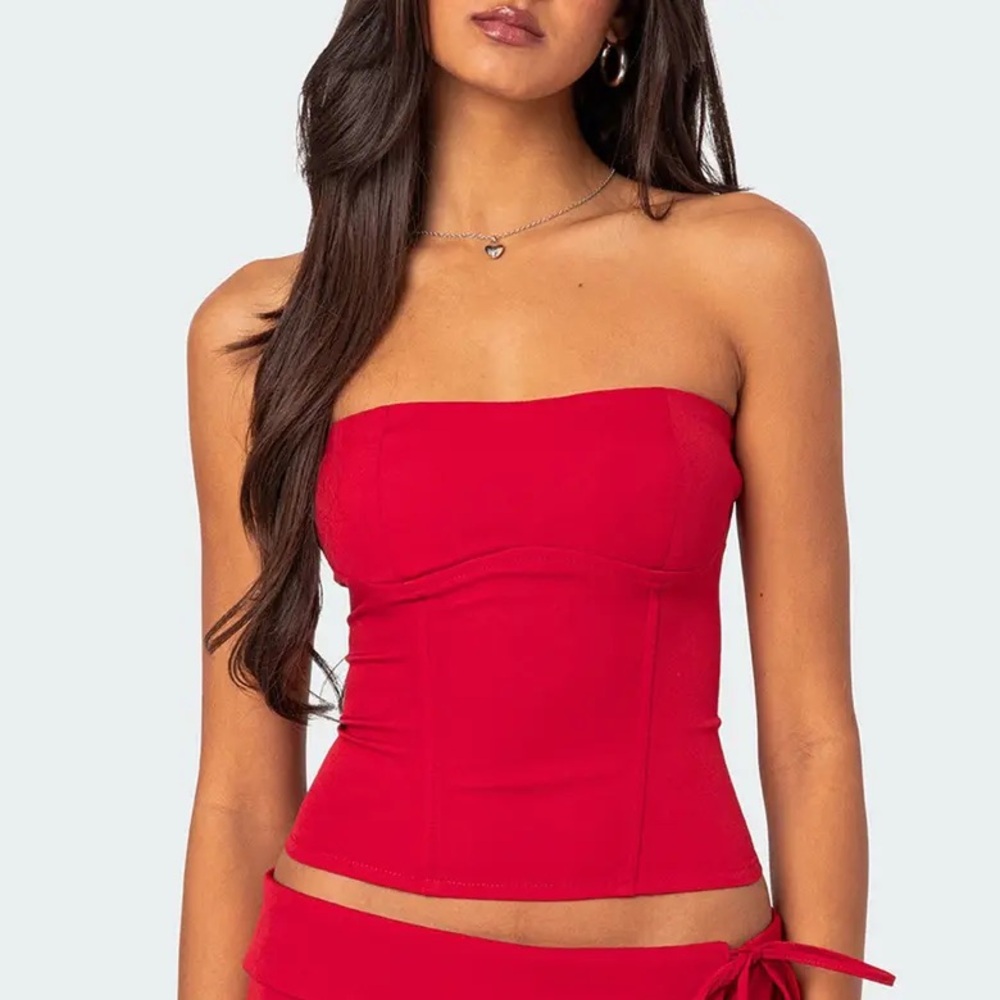 Edikted Selena Lace Up Red Strapless Top